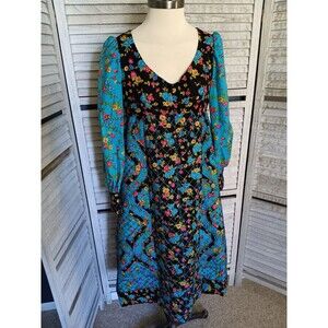 Vintage Joan Leslie for Kasper Quilted Floral Midi Dress Lined V-Neck HIppie